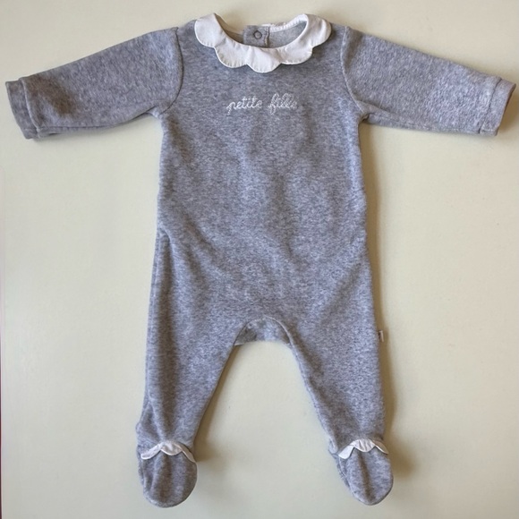 Baby Girl Light Heather Grey “Petite Fille” Velvet Footie Pajamas - Size 3M